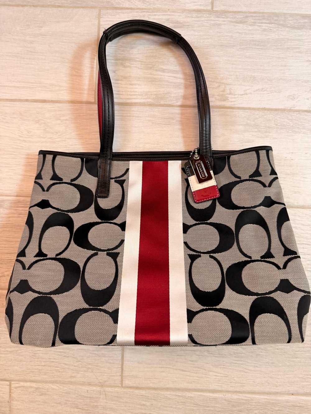 Coach Signature Canvas Tote with Red and White Center Stripe